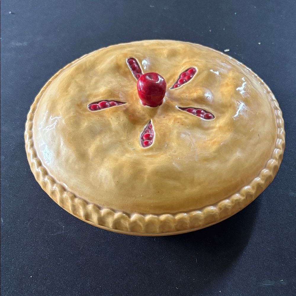 Vintage Ceramic Covered Dish with Red Cherry Accent